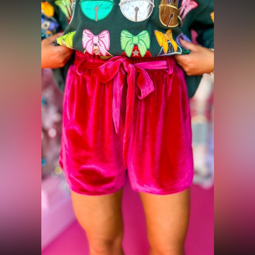 Cranberry Velvet Belted Paper Bag Shorts - Picture 2 of 3